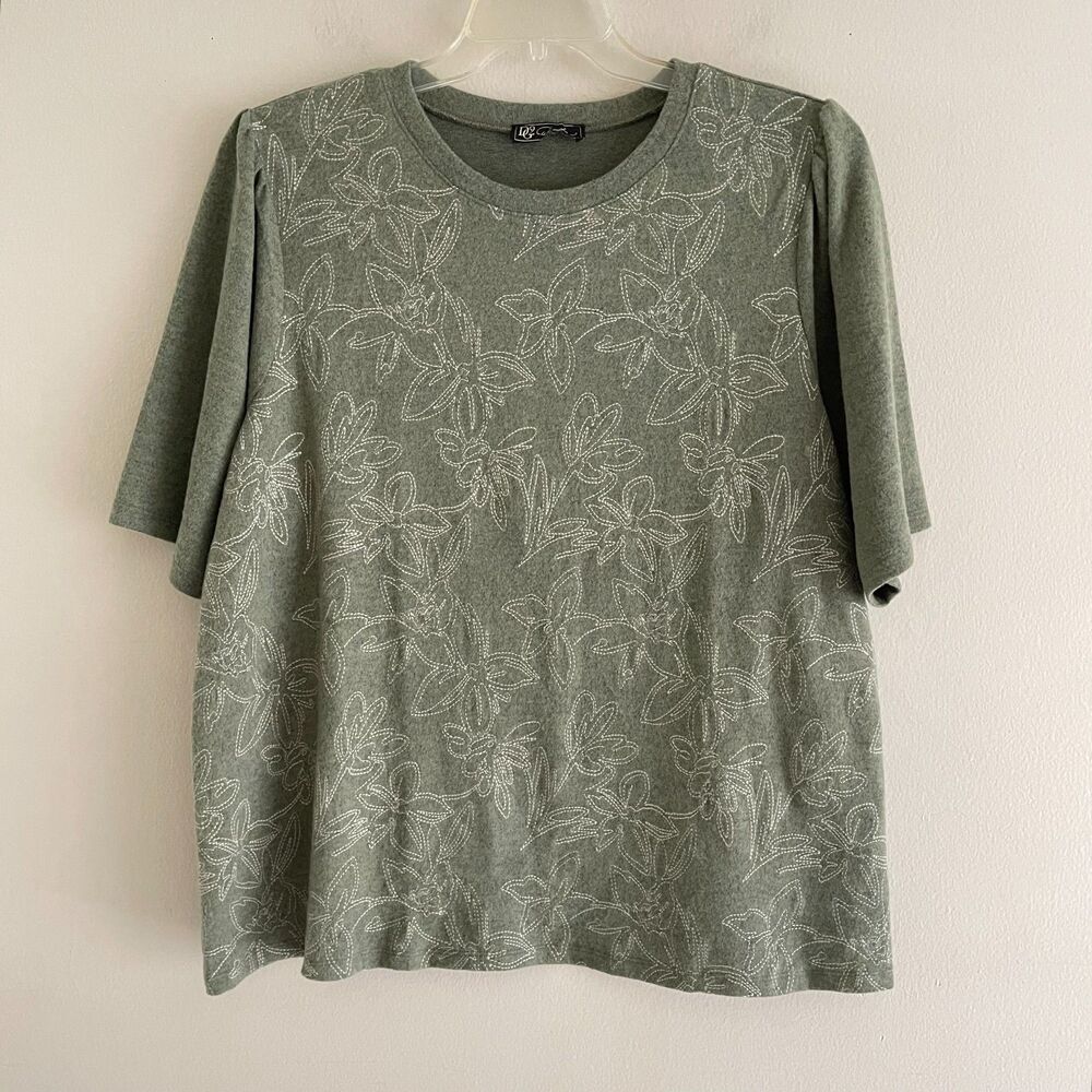 DG2 Diane Gilman Green Knit Top Plus Size 3X Floral Embroidered Short Sleeve